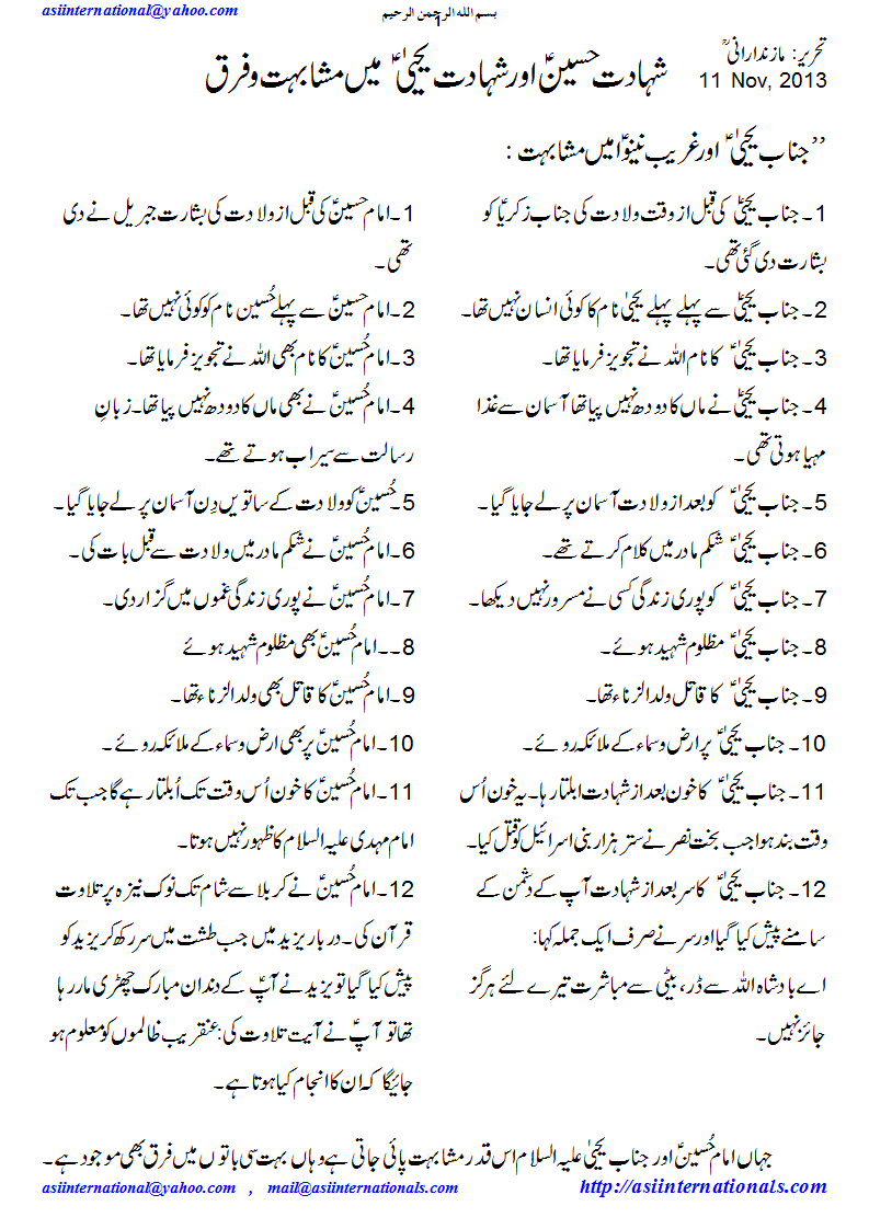 یحیی اور امام حسین میں مشابہت و فرق - Similarities & differences between Shahadat e Hussain and Yahya A.S.